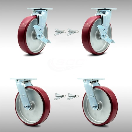 Service Caster 8 Inch SS Poly on Aluminum Caster Set with Ball Bearings 4 Swivel Lock 2 Brake SCC-SS30S820-PAB-TLB-BSL-2-BSL-2